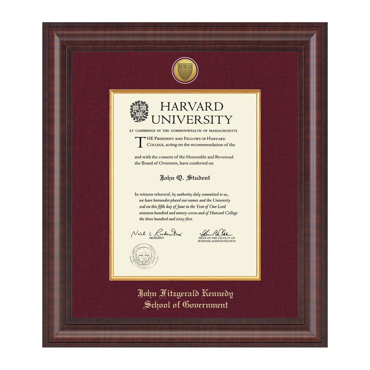 1739-Harvard Presidential Gold Engraved Diploma Frame in Premier with Maroon Linen Mat_Harvard - JFK.jpg