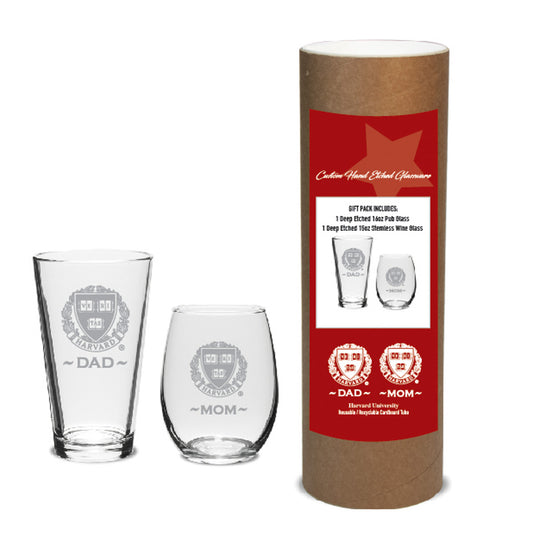 4042-Harvard Deep Etched Mom Stemless Wine Glass and Dad Pint Glass Set_media.jpg