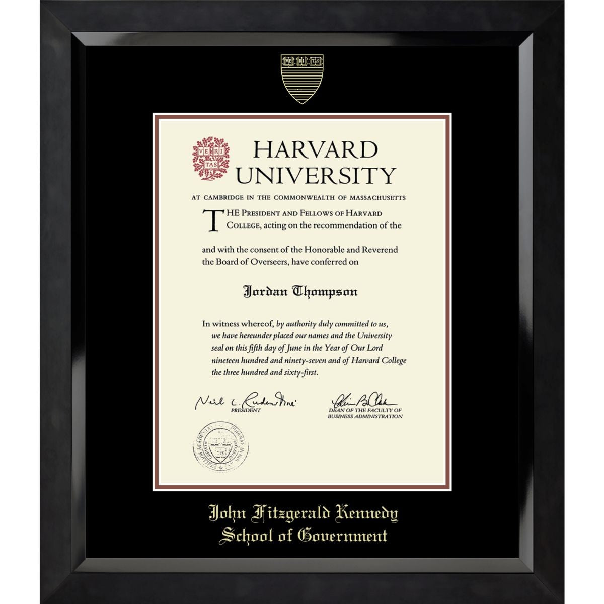 7398-Harvard Embossed Eclipse Black Satin High Gloss Diploma Frame With Black  Mat_JFK Government.jpg