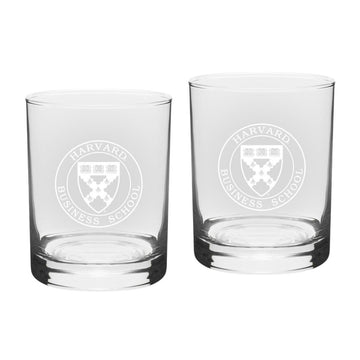 Harvard Business School Set Of 2 Engraved Crystal Old Fashioned Glass